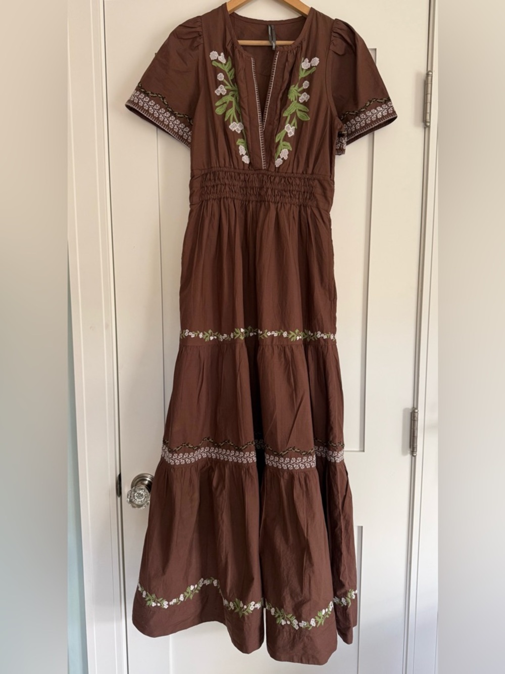 Anthropologie Somerset Brown Maxi Dress with Green & White Embroidery Size XS